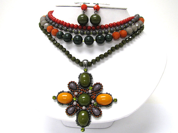 Boutique style stone and beads art deco multi strand necklace earring set