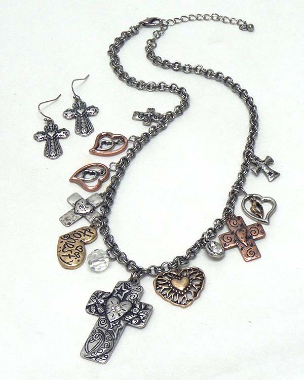 Multi cross theme charm drop inspiration necklace earring set
