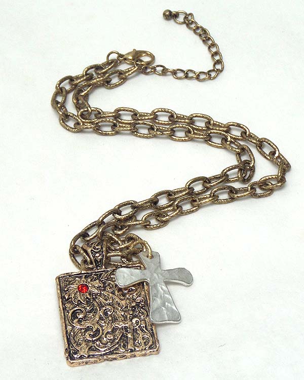 VINTAGE METAL CROSS AND SQUARE PENDANT AND FRESHWATER PEARL DANGLE NECKLACE