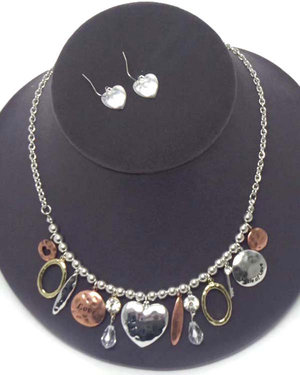 Multi hammered heart and disk vintage charm drop necklace earring set - inspirational message