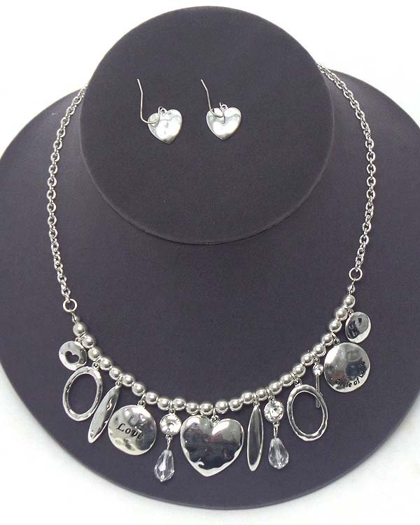 Multi hammered heart and disk vintage charm drop necklace earring set - inspirational message