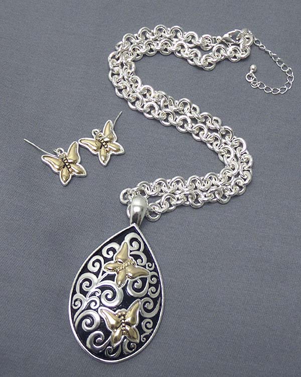Metal filigree butterfly on teardrop pendant necklace earring set