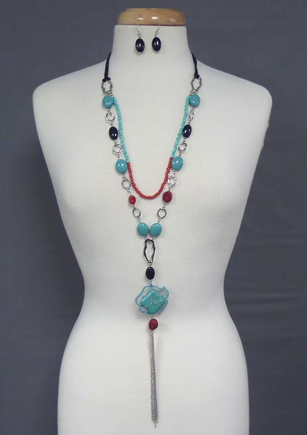 Natural stone and  metal tassel long drop  necklace set