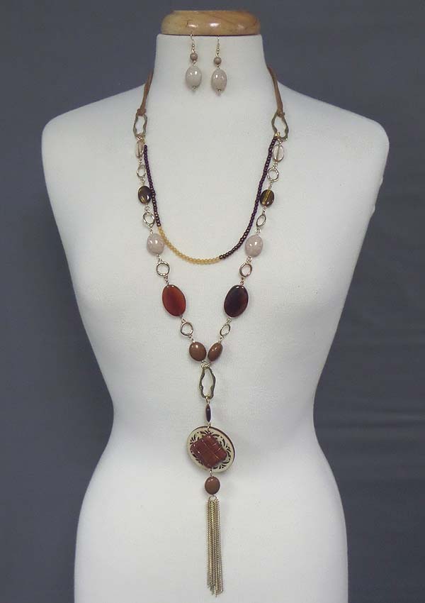 Natural stone and  metal tassel long drop  necklace set