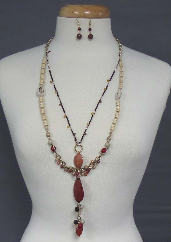 Natural stone and mixed shell and wood beads long  necklace set