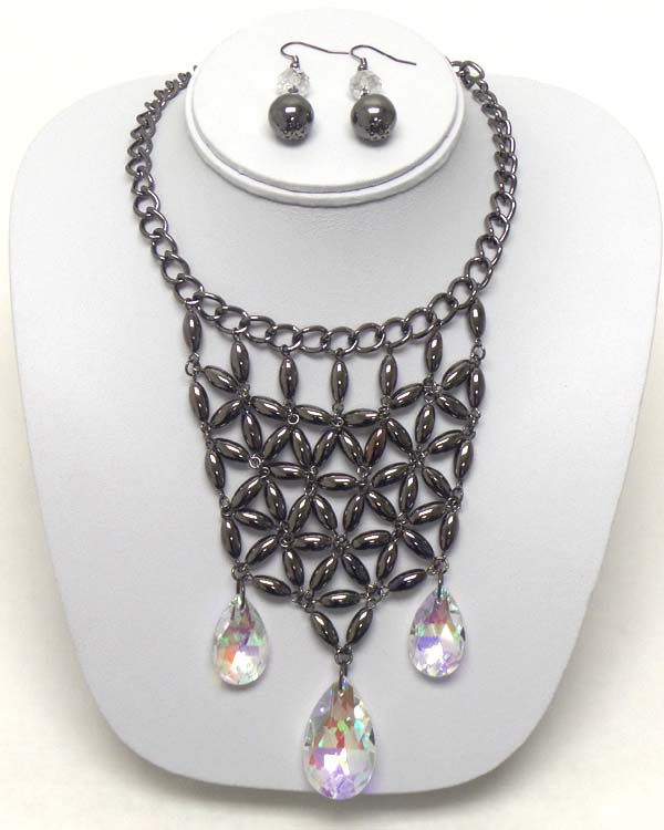 Three facet glass tear drop metallic beads bib styke necklace earring set