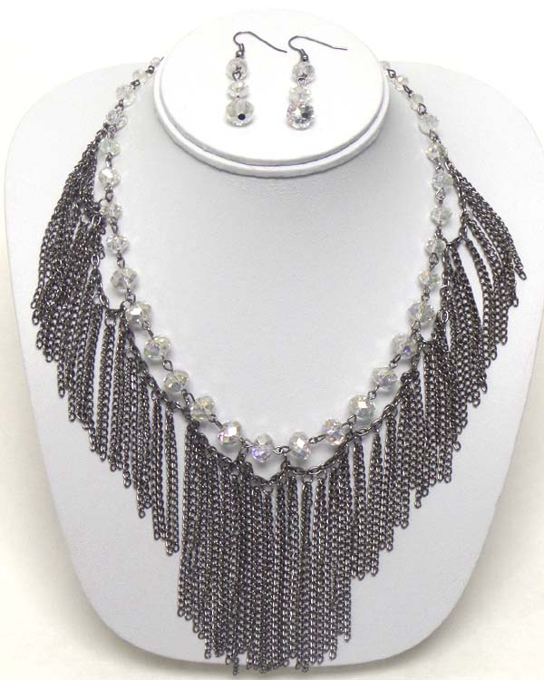 Facet glass stone and multi chain tassel drop neckalce earring set