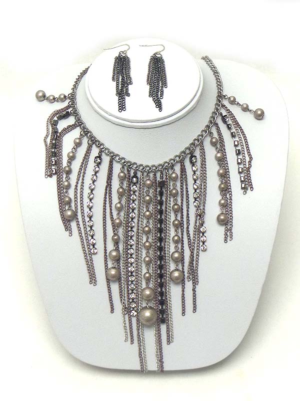 Multi rhinestone and metal ball and tassel drop  necklace earring set