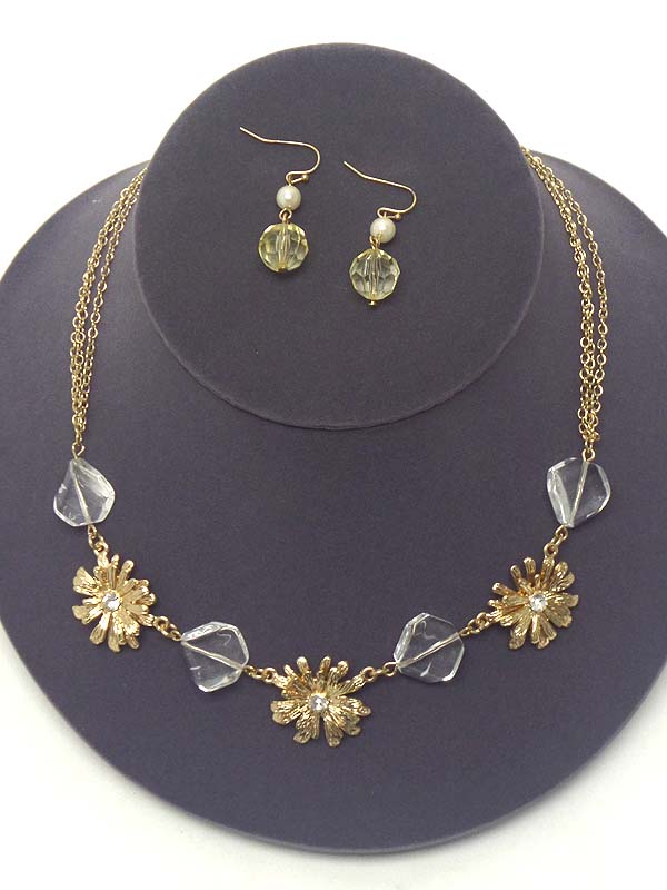 Crystal stud metal flowers and beads link neckalce earring set