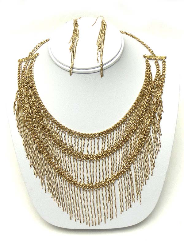 Triple layer metal tassel hanging drop necklace earring set