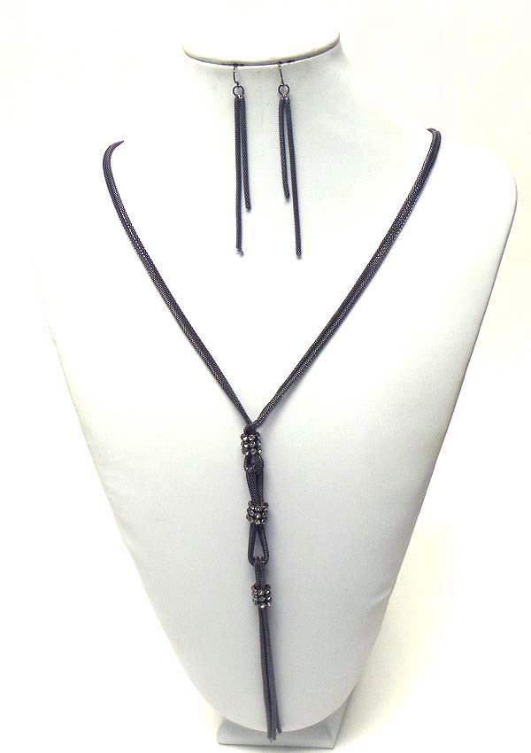Crystal deco multi tube chain tassel long neckalce earring set