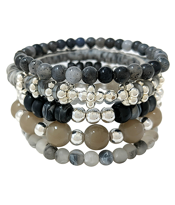 Multi semi precious stone mix 5 stretch bracelet set