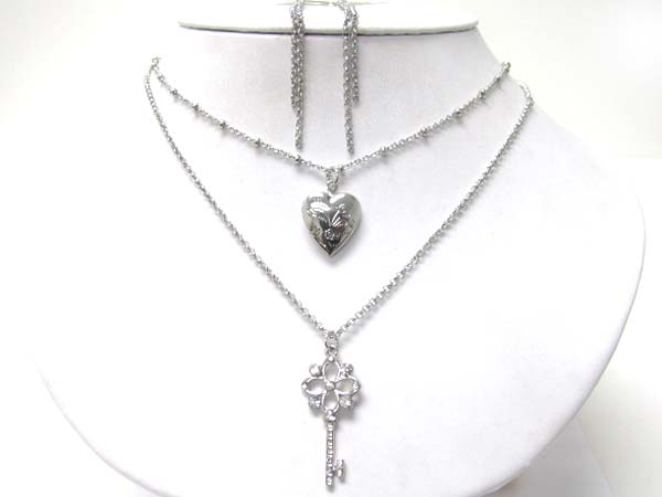 Crystal stud key and heart charm double layer necklace set