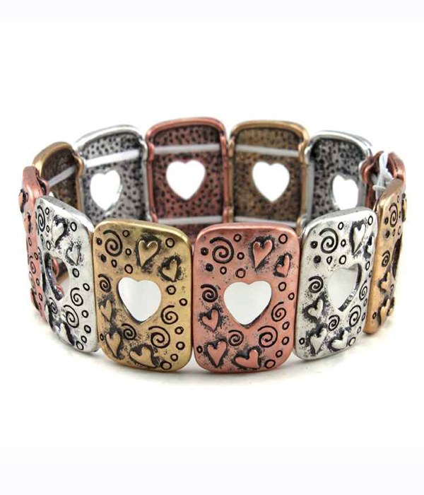 Art textured casting metal link stretch bracelet