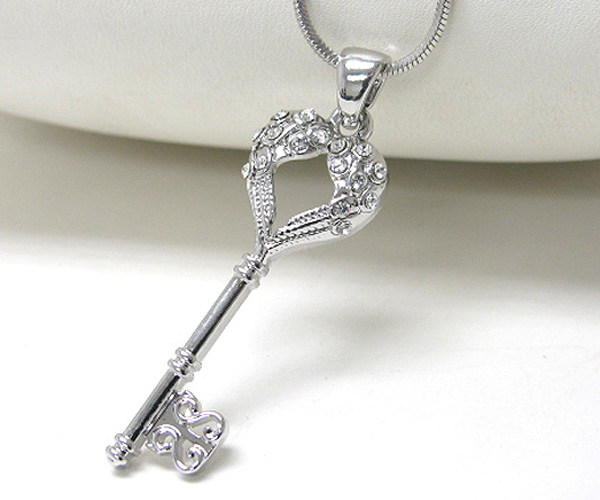 Made in korea whitegold plating crystal stud heart wings key pendant necklace