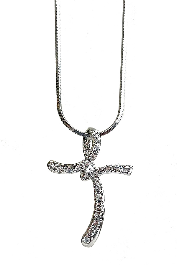 WHITEGOLD PLATING CRYSTAL STUD CROSS PENDANT NECKLACE