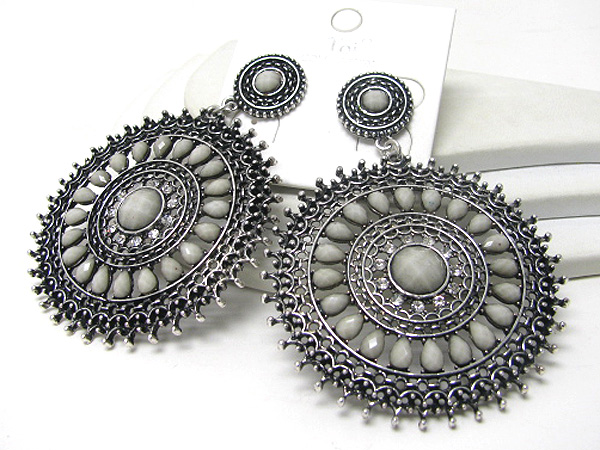 Metal crystal filigree  round disk earring