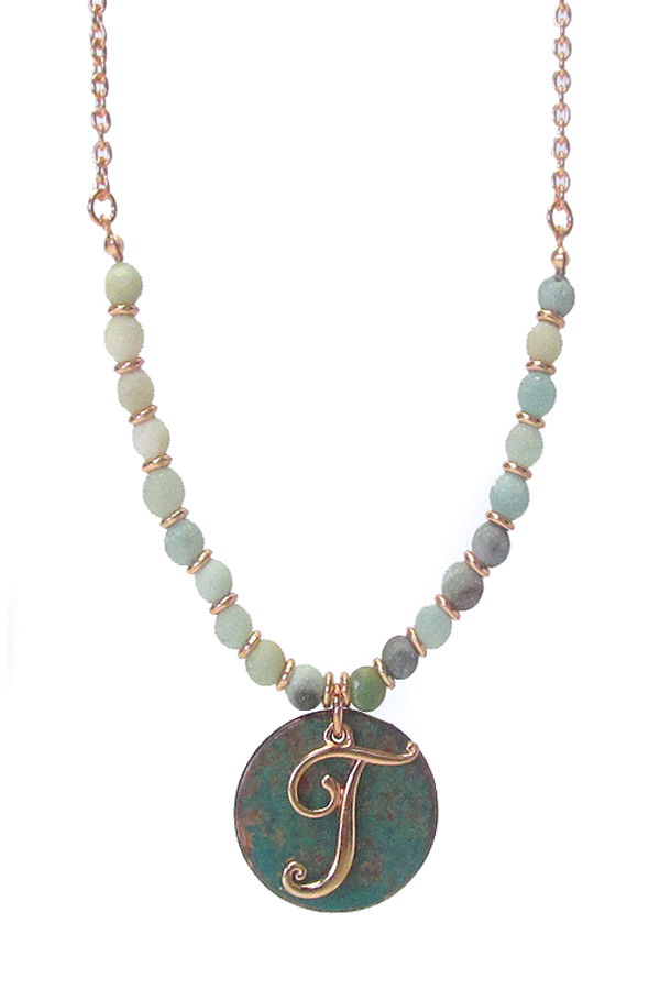 MONOGRAM PATINA PENDANT AND MIX STONE NECKLACE