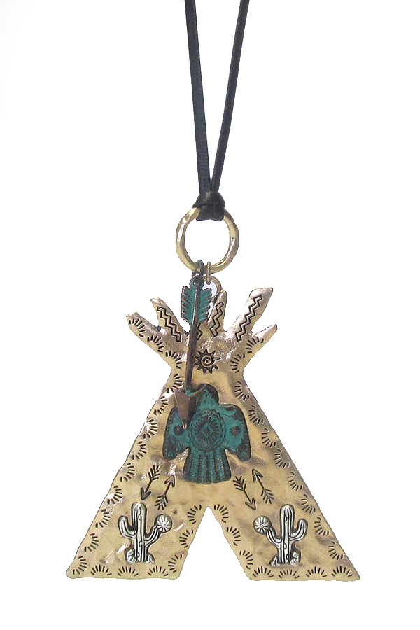 Navajo theme tent pendant and long leather chain necklace -western