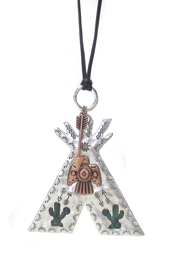 Navajo theme tent pendant and long leather chain necklace -western