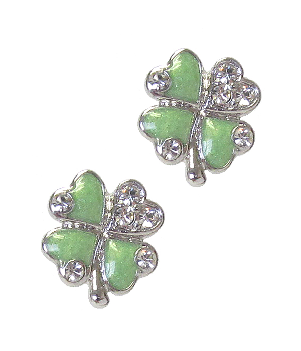 St patrick  whitegold plating crystal lucky clover earring