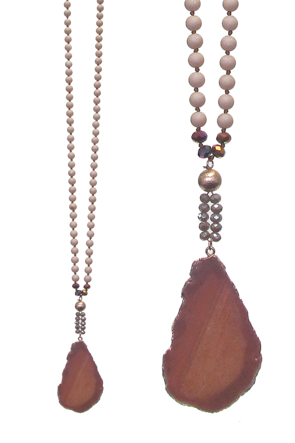 Genuine stone pendant long necklace set - agate