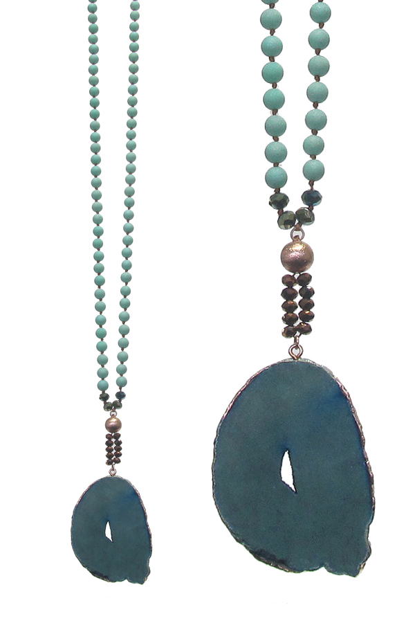 Genuine stone pendant long necklace set - agate