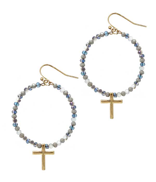 FACET STONE HOOP AND CROSS EARRING