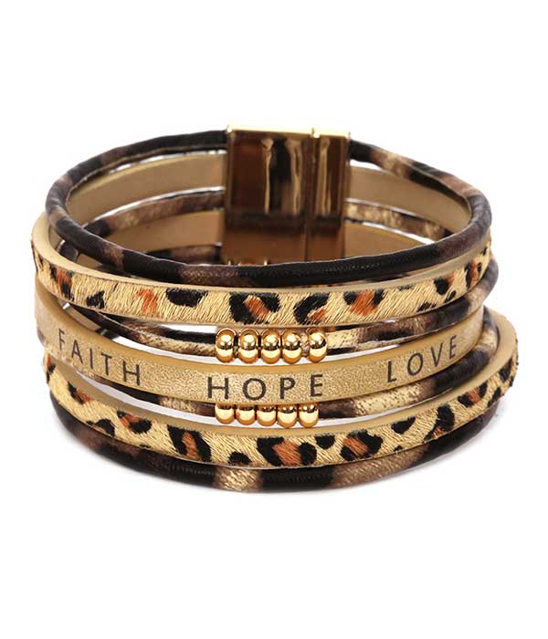 Animal print multi layer leatherette magnetic bracelet - faith hope love