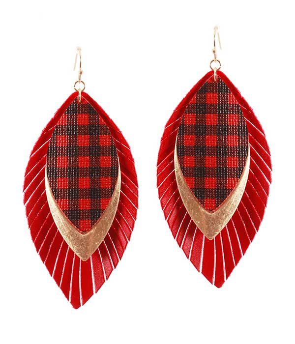 METAL AND FABRIC BUFFALO PLAID FRINGE MARQUISE EARRING