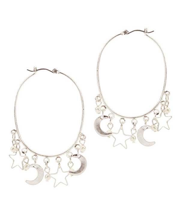 MOON AND STAR CHARM DROP WIRE HOOP EARRING