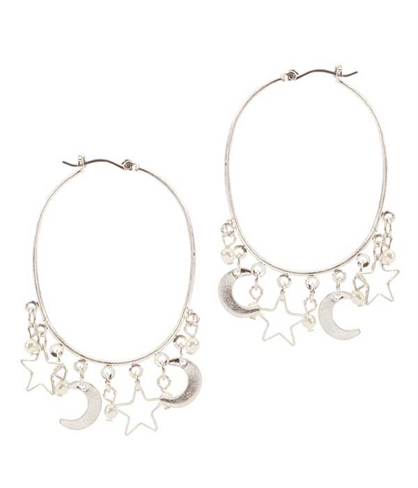 Moon and star charm drop wire hoop earring