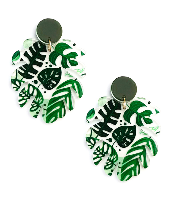 Tropical tree leaf print acetate monstera earring