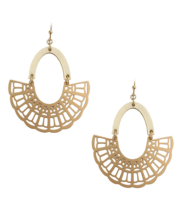 Wood and metal filigree fan dangle earring