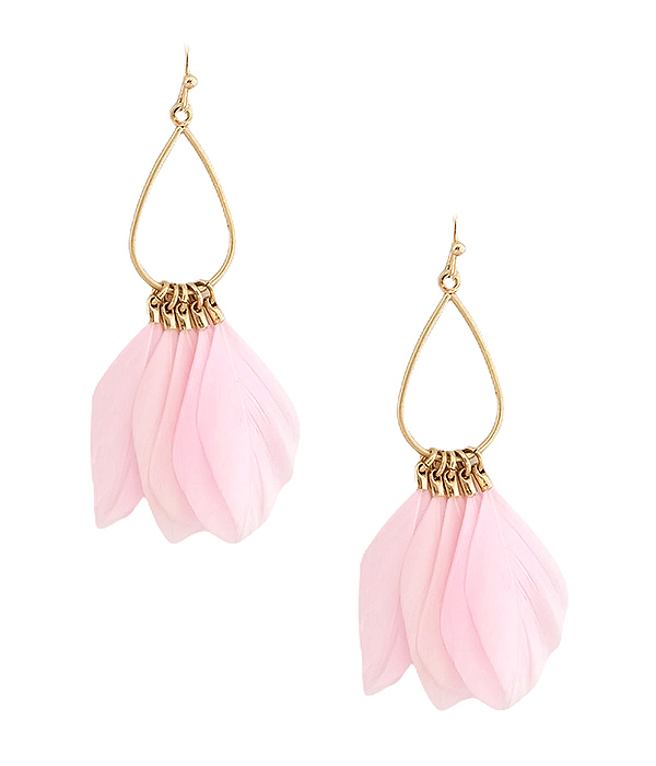 Wire teardrop and multi feather earring