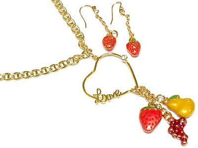 Strawberry grape pear fruit charm necklace and earring set