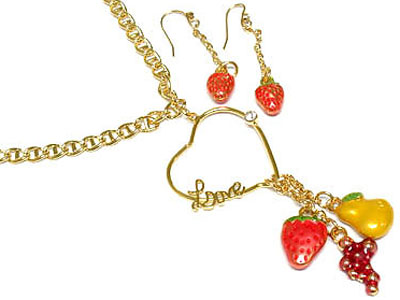 Strawberry grape pear fruit charm necklace and earring set