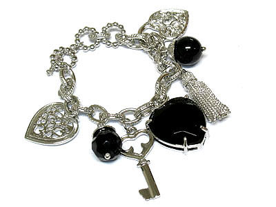 Crystal key and lock and heart charm bracelet
