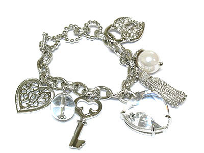 Crystal key and lock and heart charm bracelet