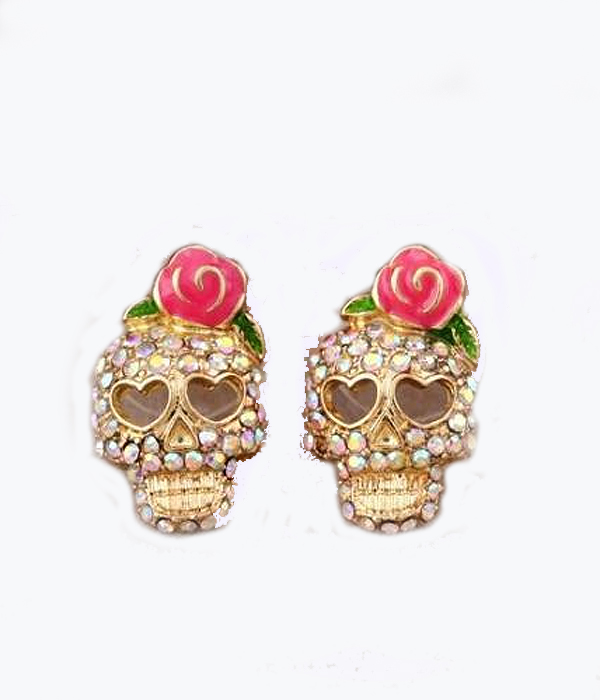Crystal flower skull earring
