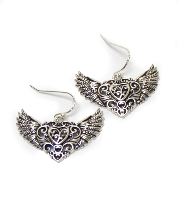 Wings with heart metal fish hook earrings