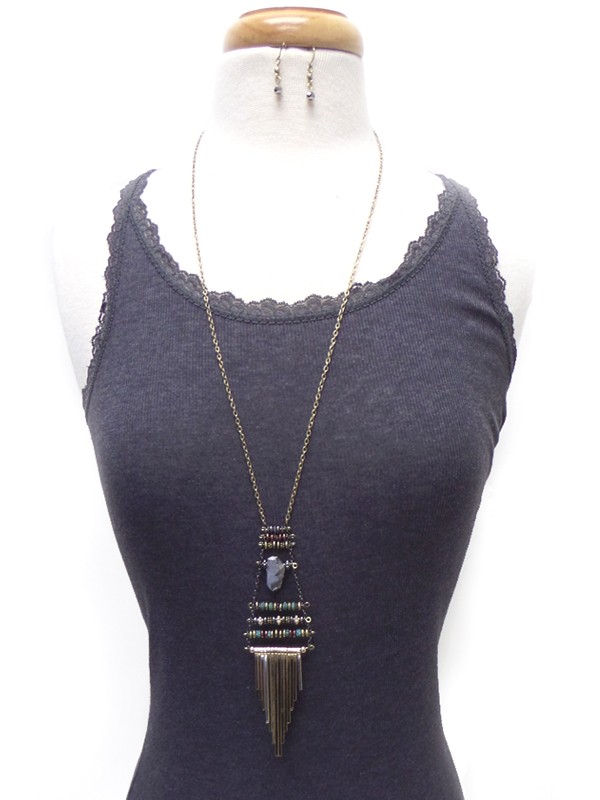 Handmade boho style semi precious stone and metal bar drop long necklace