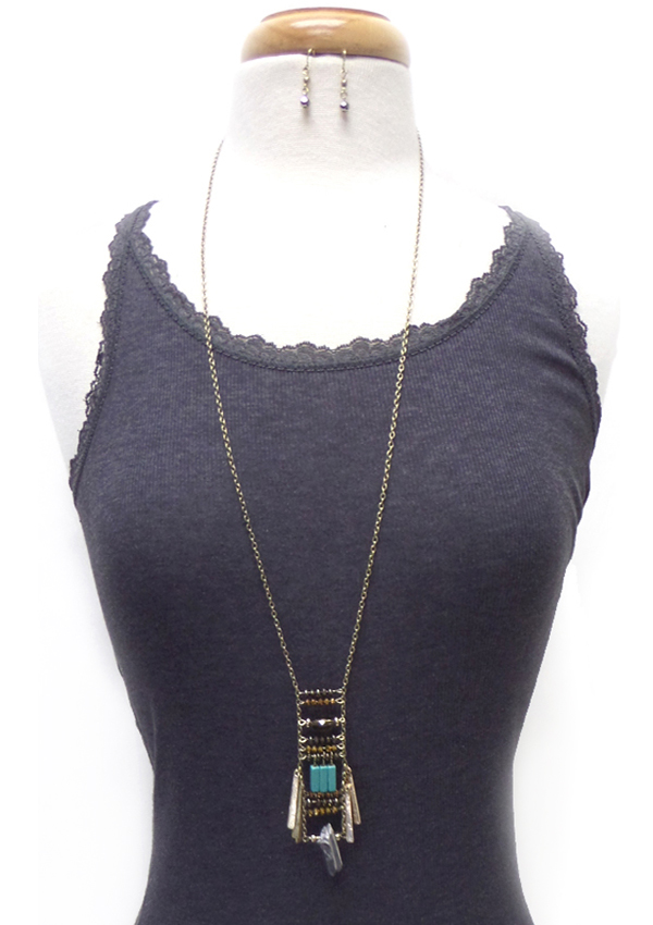 Handmade boho style semi precious stone and metal bar drop long necklace