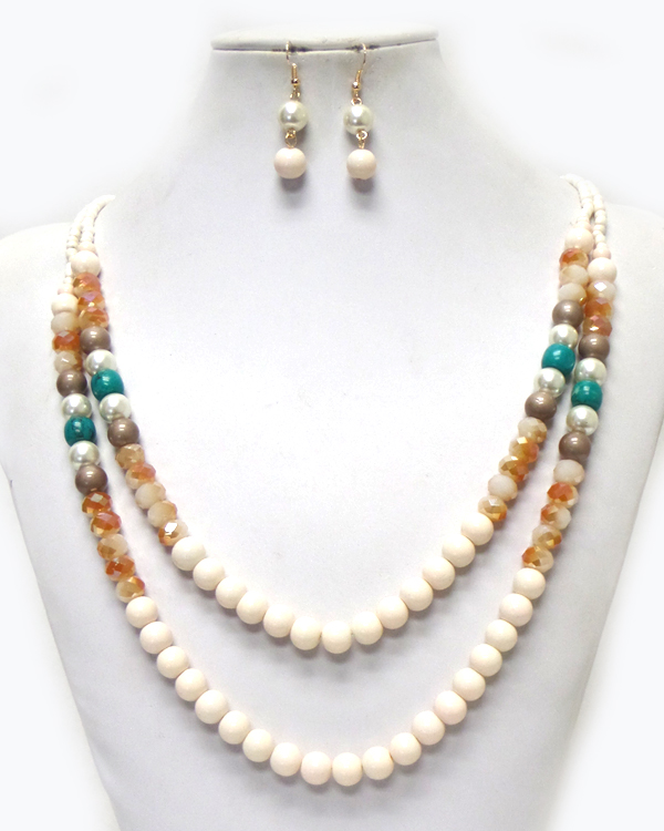 Mixed semi precious stone double layer necklace set