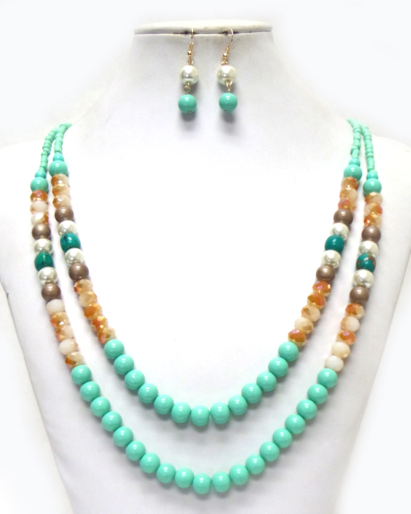 Mixed semi precious stone double layer necklace set