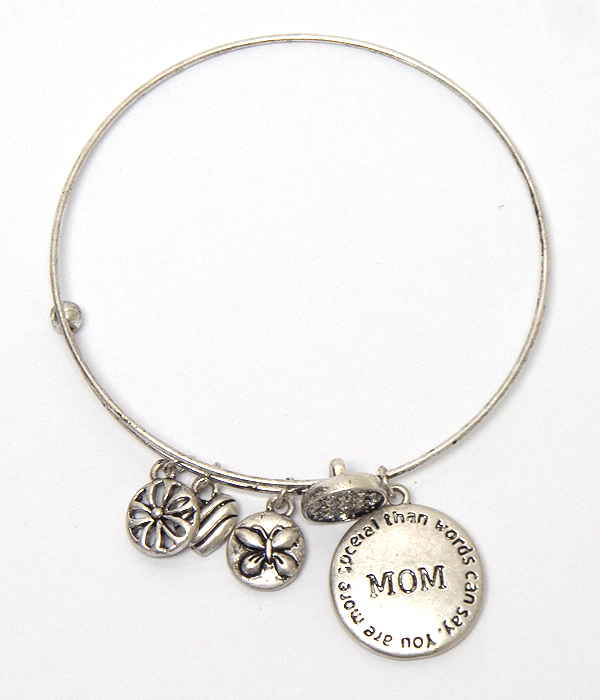 Message disk charm wire bangle bracelet - mom