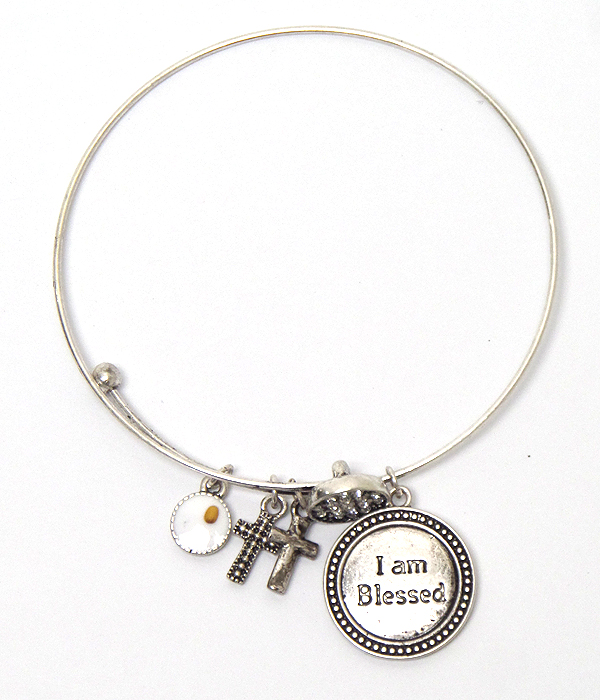 Message disk charm wire bangle bracelet - i am blessed