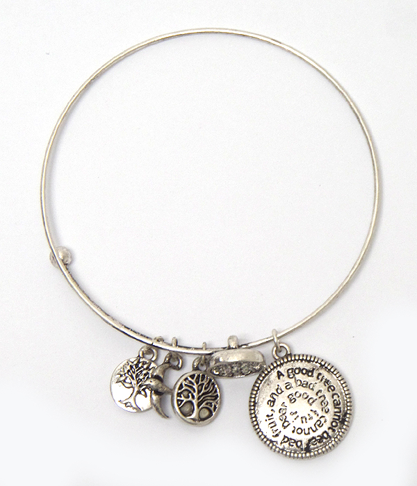 Message disk charm wire bangle bracelet - tree of life