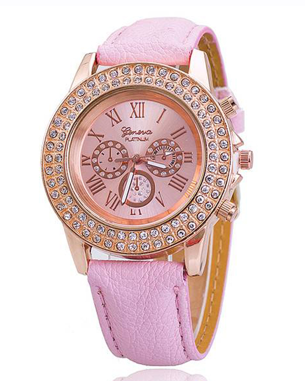 Crystal stud leather band watch