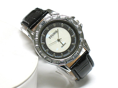 Acrylic stone deco leather band fashion watch
